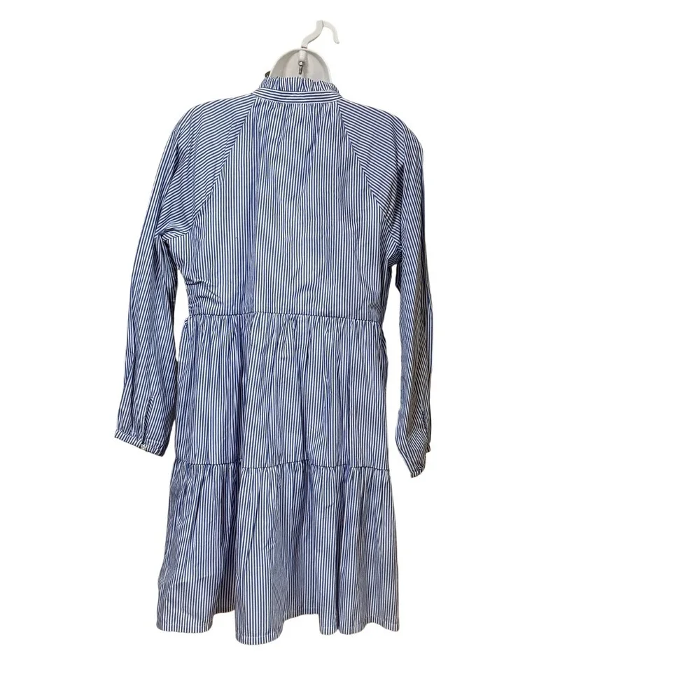 J.Crew Blue White Striped Tiered Mini Dress Long Sleeve Ruffle Neck NWT Small